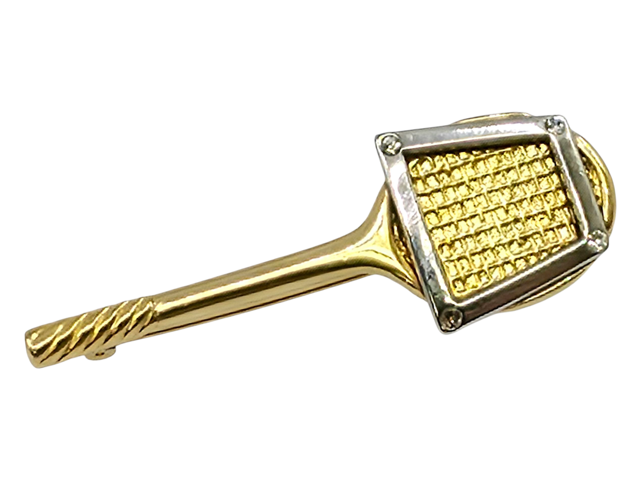 Liz Claiborne gold and silver tone tennis racket brooch pin with clear rhinestones.