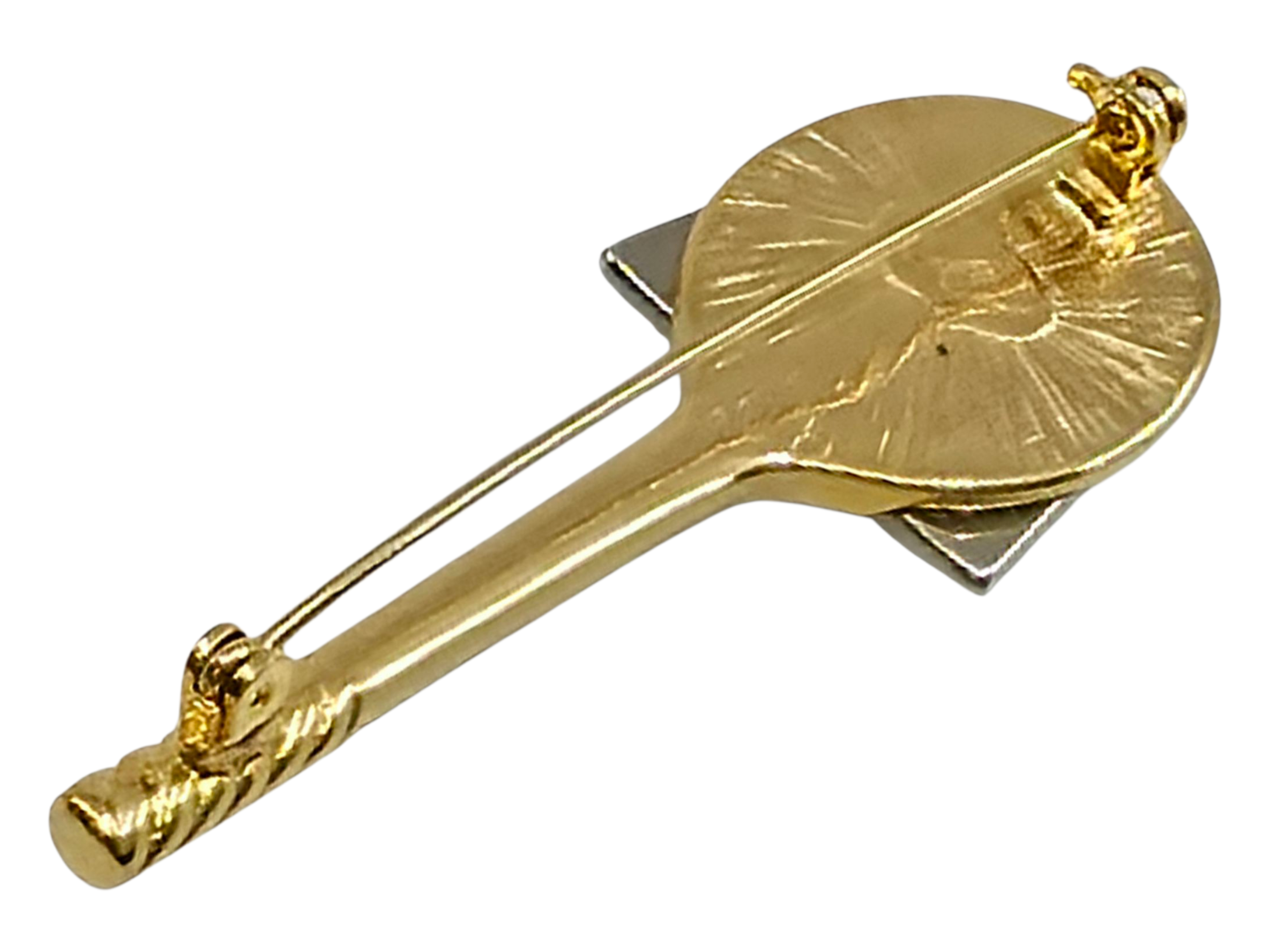 Liz Claiborne gold and silver tone tennis racket brooch pin with clear rhinestones.