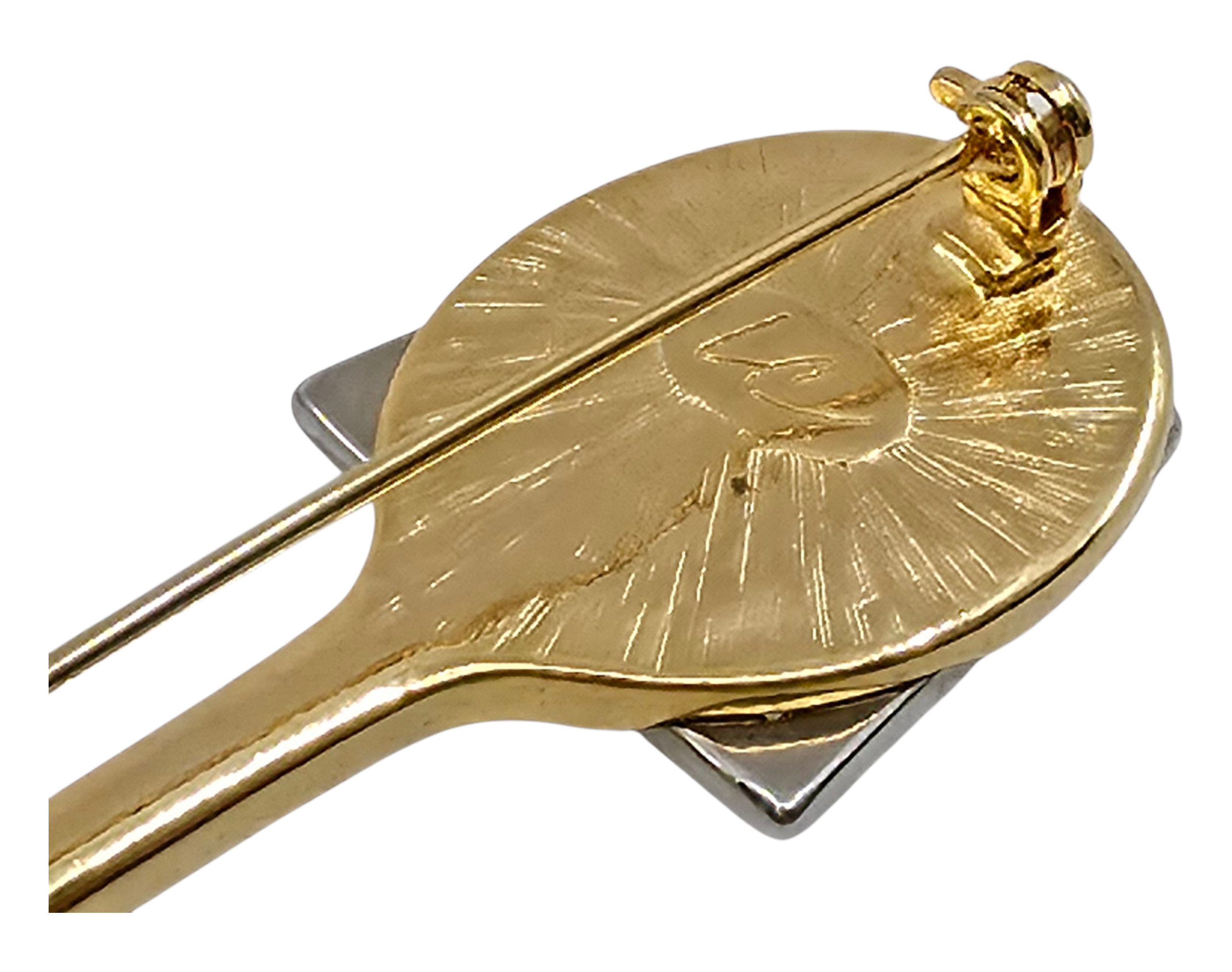 Liz Claiborne gold and silver tone tennis racket brooch pin with clear rhinestones.
