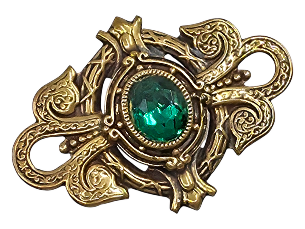 Antique Brass Green Glass Sash Pin Brooch Shield