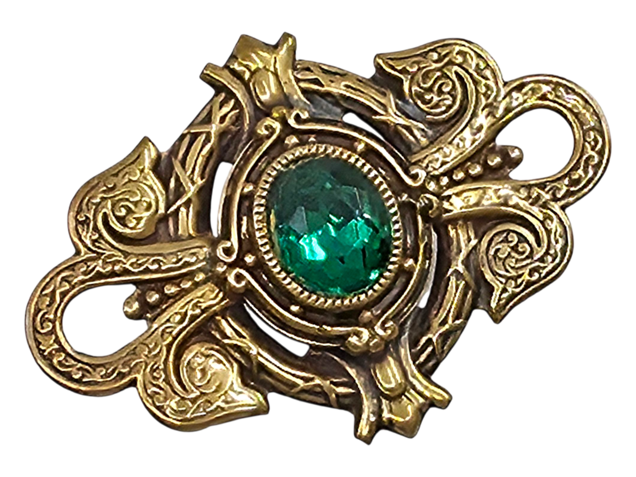 Antique Brass Green Glass Sash Pin Brooch Shield