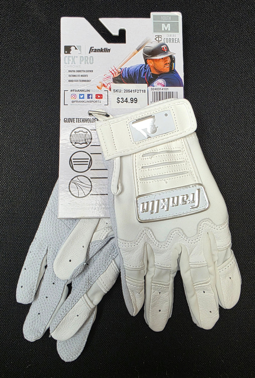 Lot of 3 Franklin Sports MLB Baseball Batting Gloves - CFX Pro Youth - Baseball + Softball Chrome White M