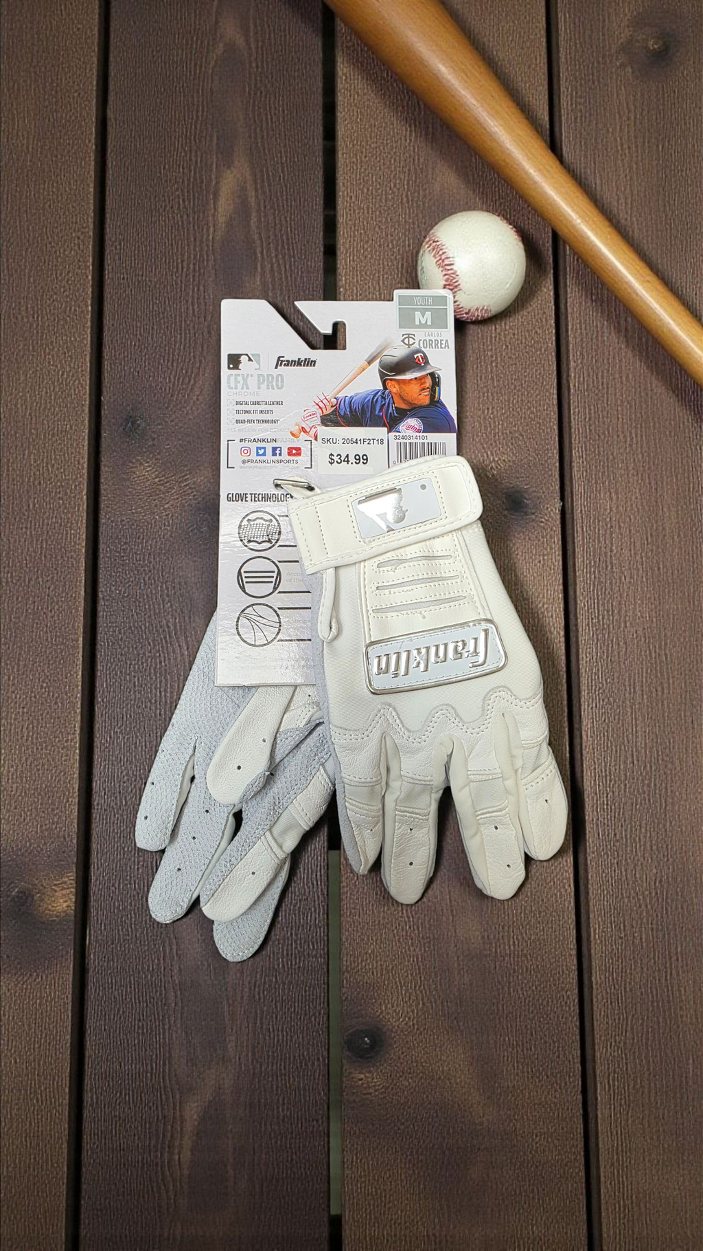 Lot of 3 Franklin Sports MLB Baseball Batting Gloves - CFX Pro Youth - Baseball + Softball Chrome White M