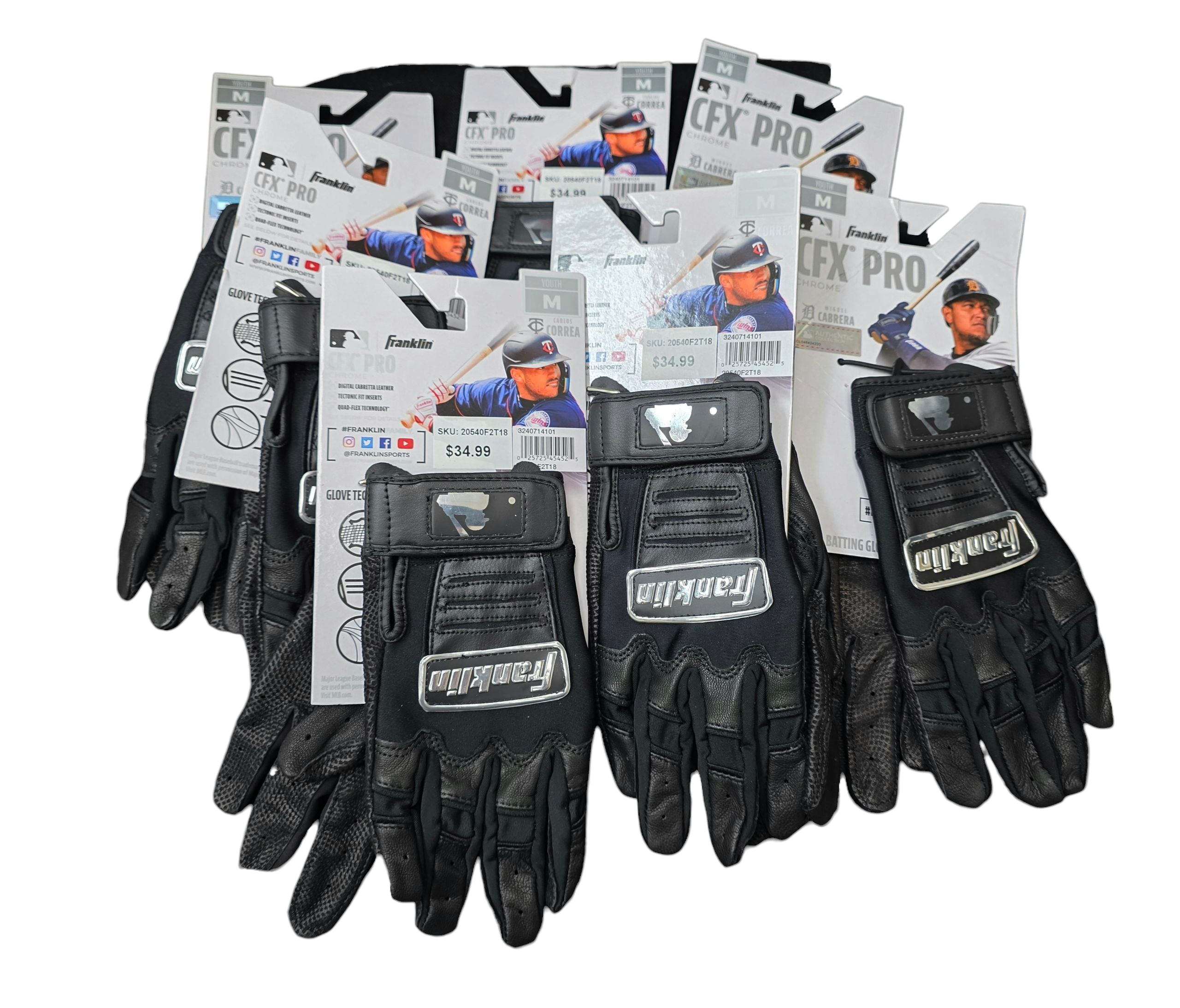 Lot of 7 Franklin Sports MLB Baseball Batting Gloves - CFX Pro Youth - Baseball + Softball Chrome Black M