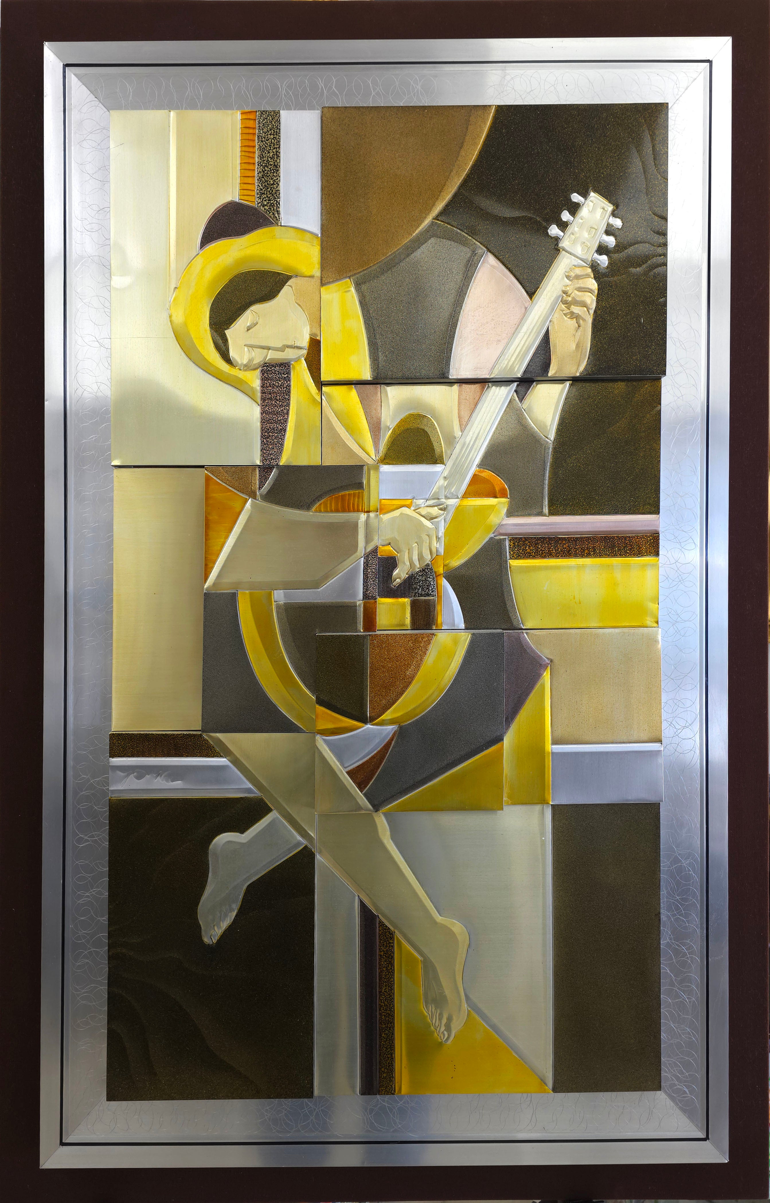 Pablo Picasso "The Old Guitarist" 3D embossed tinted aluminum metal inspired signed sculpture