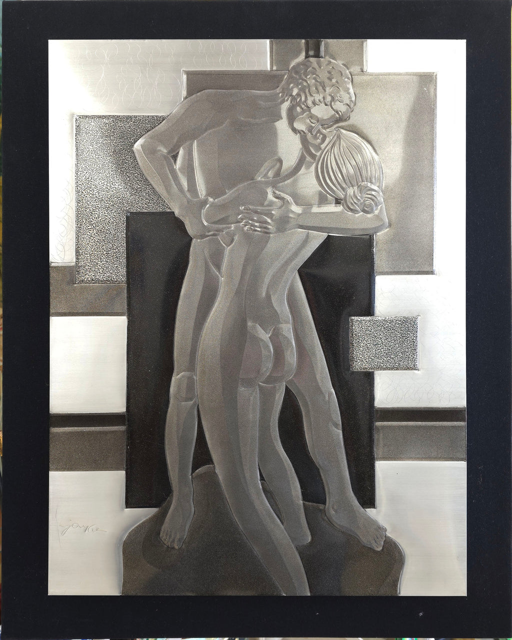 Loving Couple 3D embossed aluminum metal inspired signed sculpture