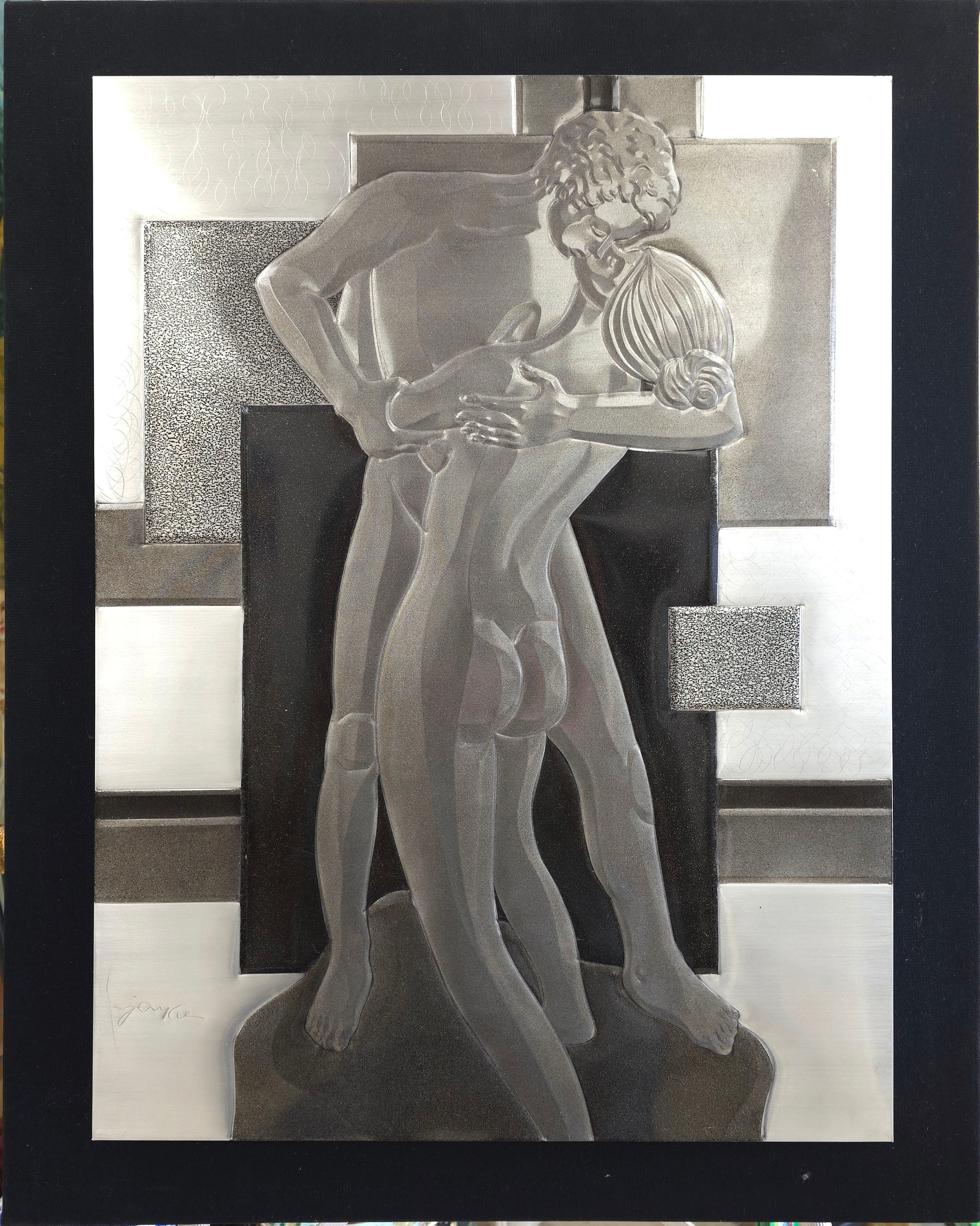 Loving Couple 3D embossed aluminum metal inspired signed sculpture