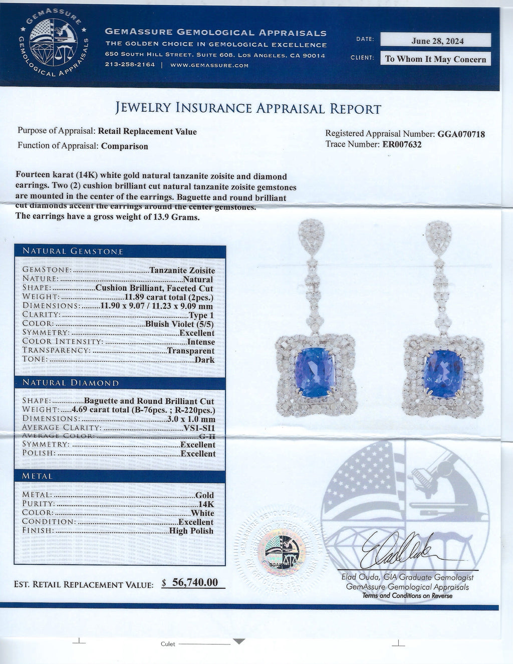 11.89ctw Tanzanite and 4.69ctw Diamond 14K White Gold Earrings