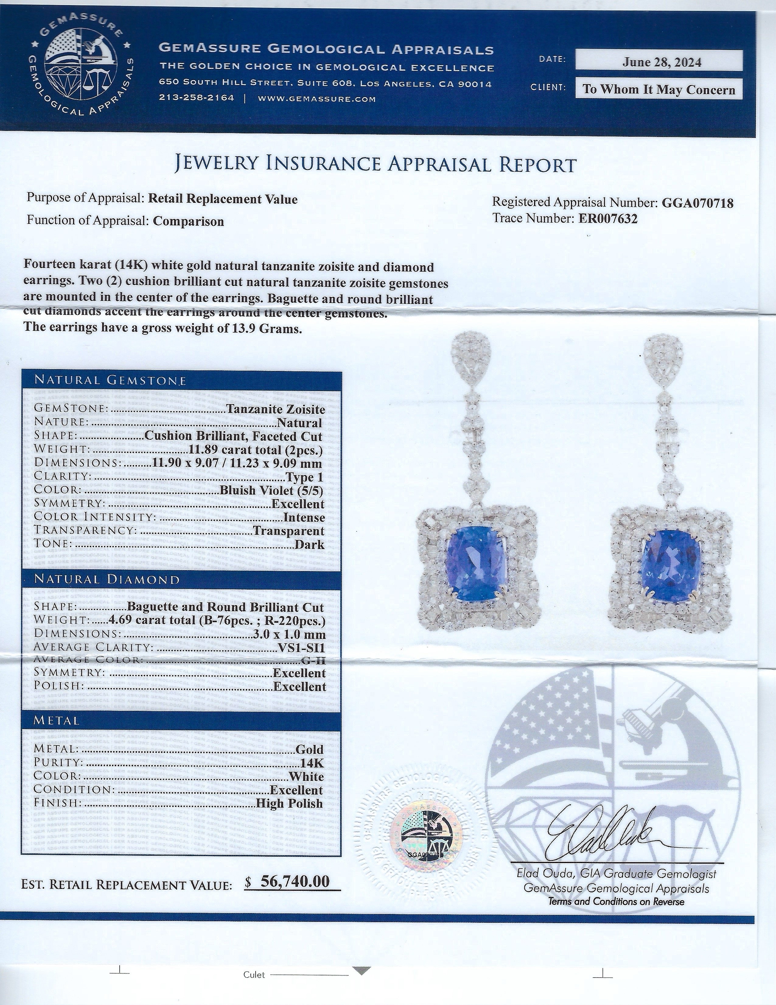 11.89ctw Tanzanite and 4.69ctw Diamond 14K White Gold Earrings