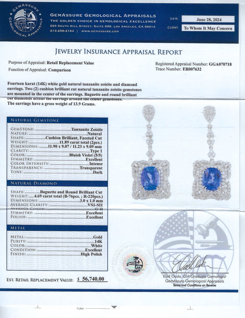 11.89ctw Tanzanite and 4.69ctw Diamond 14K White Gold Earrings