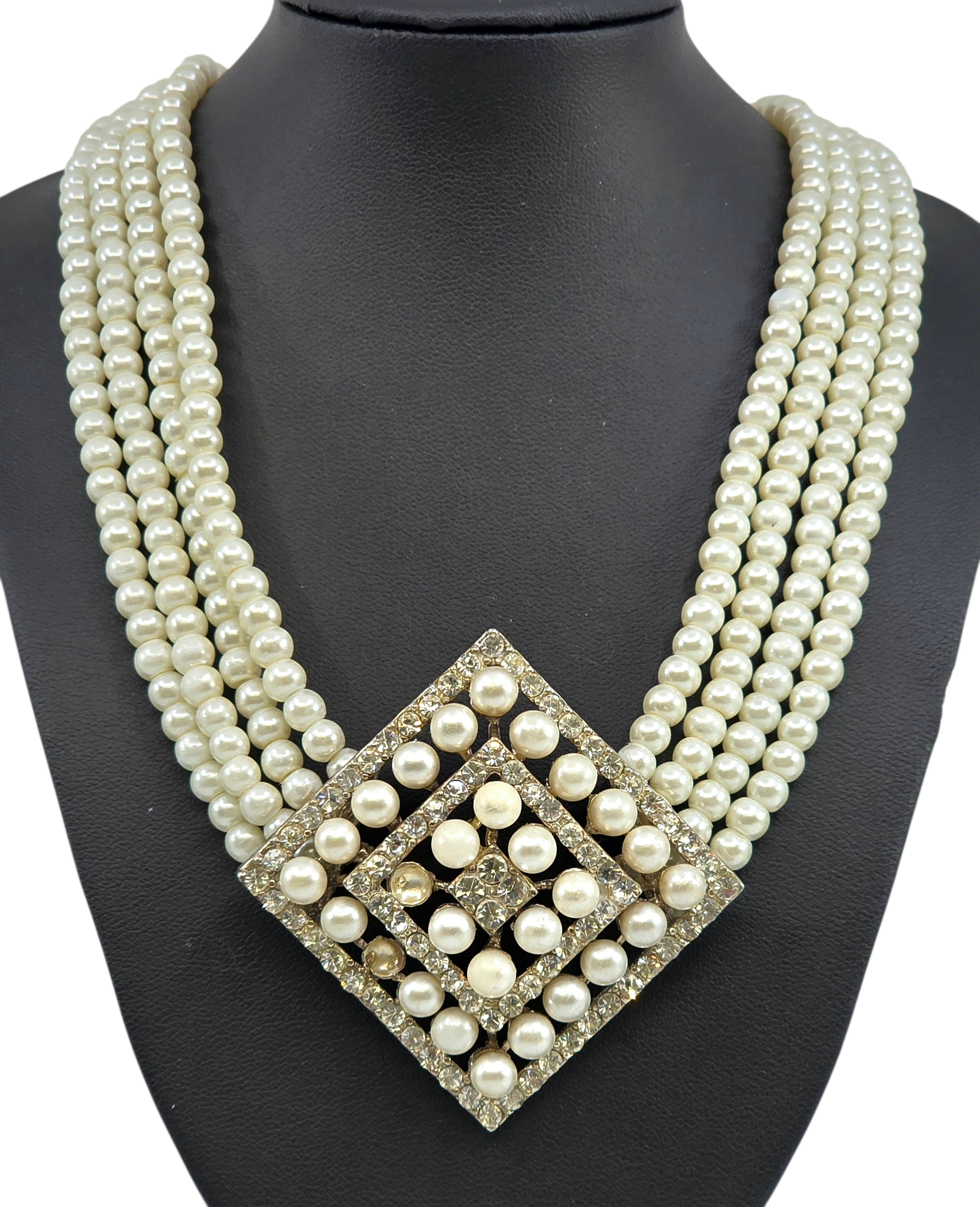 vintage four strand pearl necklace with large square rhinestone and pearl clasp