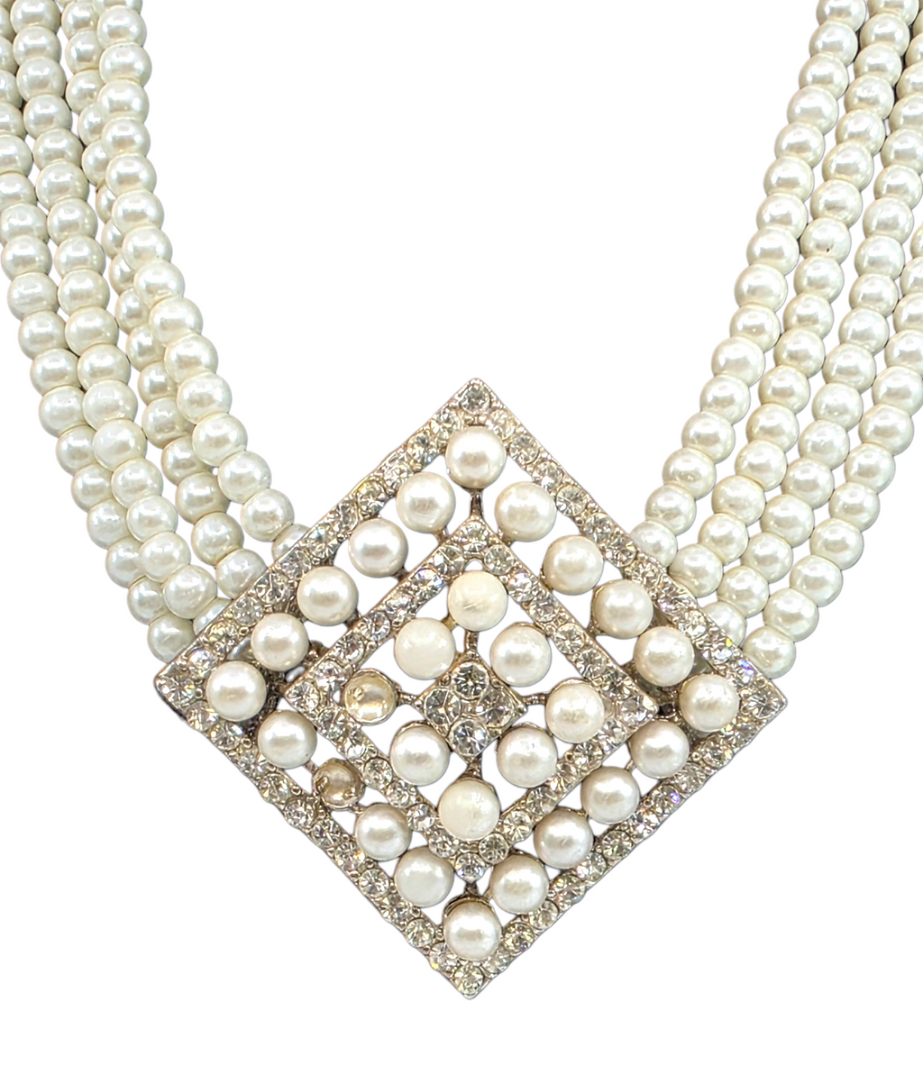 vintage four strand pearl necklace with large square rhinestone and pearl clasp