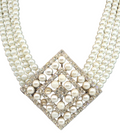 vintage four strand pearl necklace with large square rhinestone and pearl clasp