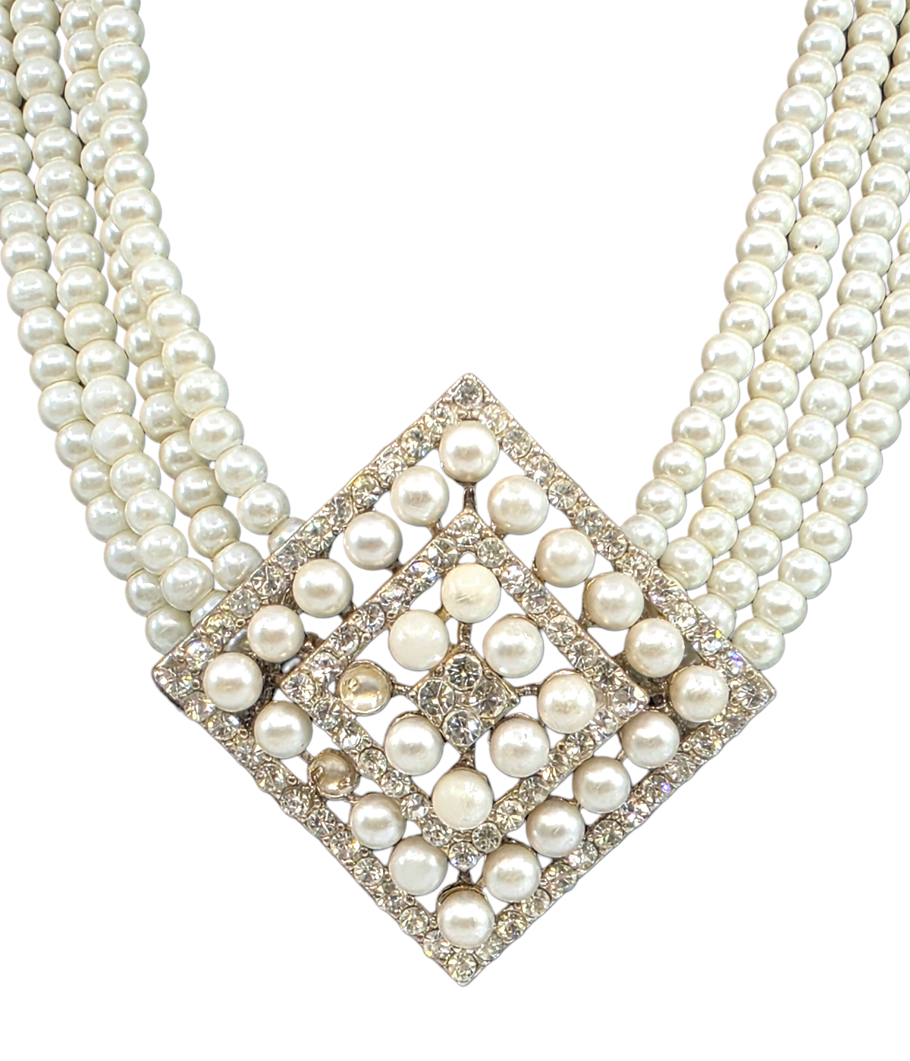 vintage four strand pearl necklace with large square rhinestone and pearl clasp