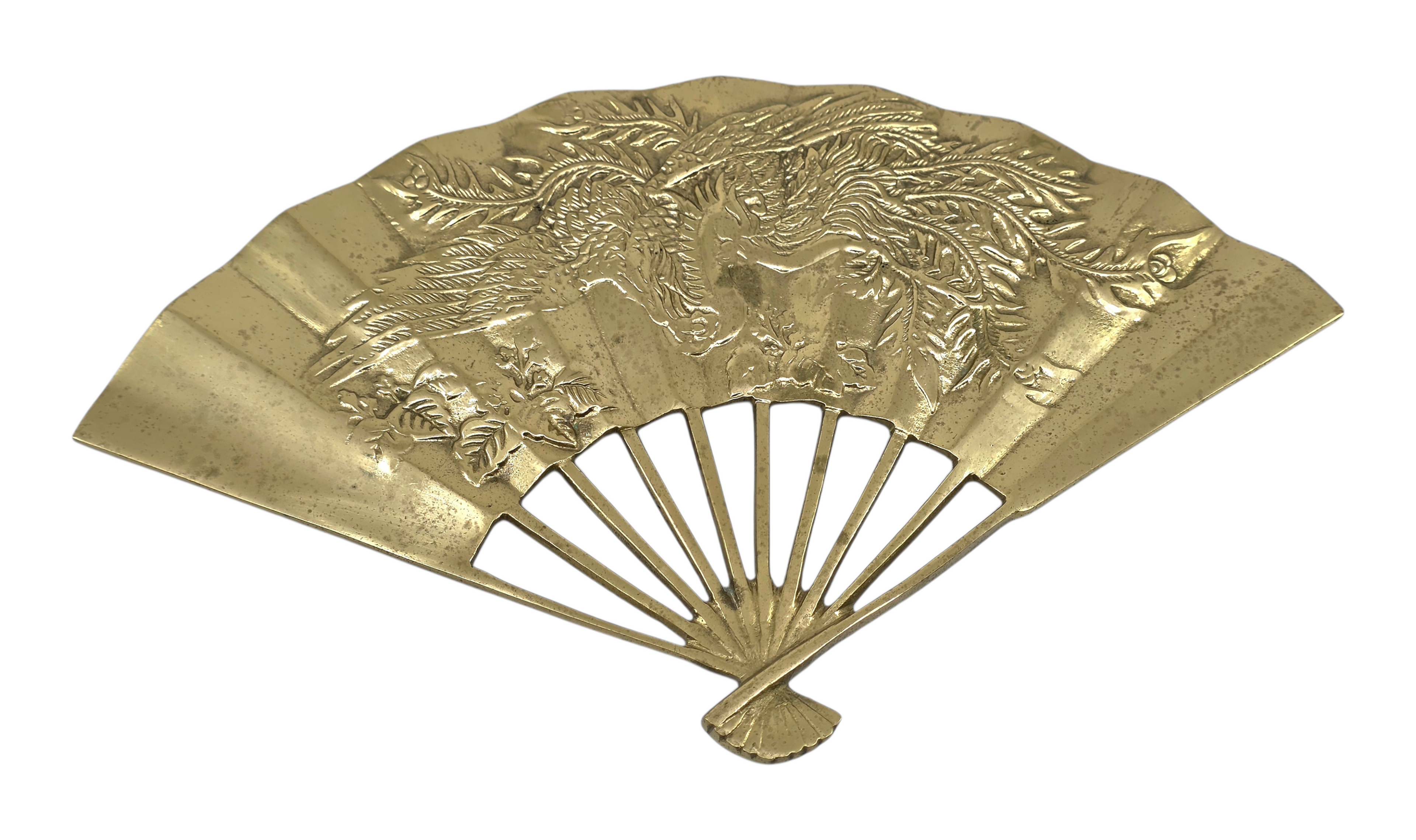 vintage solid brass decorative fan with dragon design