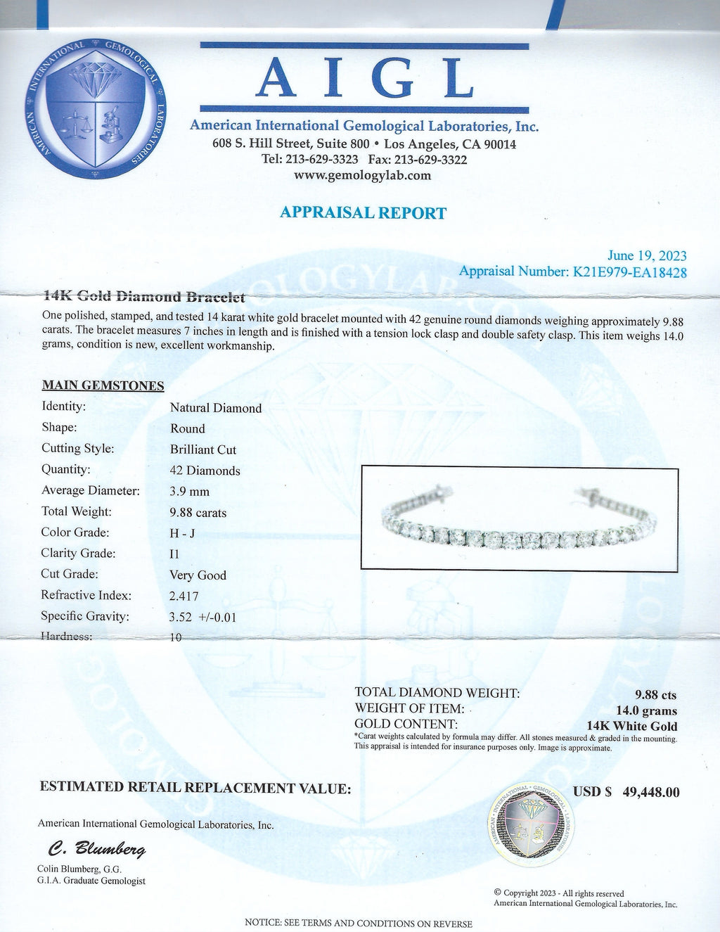 9.88ctw H to J COLOR I1 CLARITY Diamond 14K White Gold Tennis Bracelet