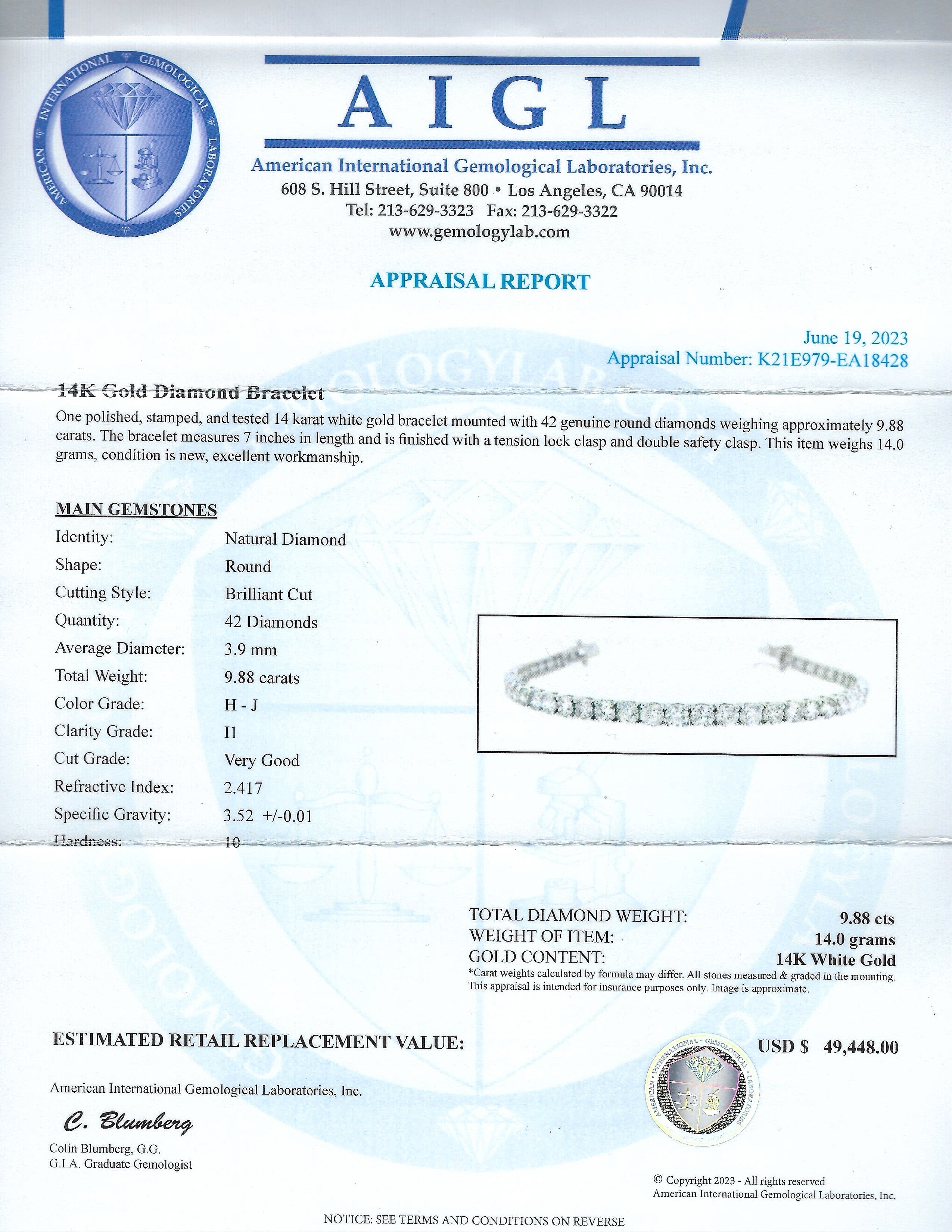 9.88ctw H to J COLOR I1 CLARITY Diamond 14K White Gold Tennis Bracelet