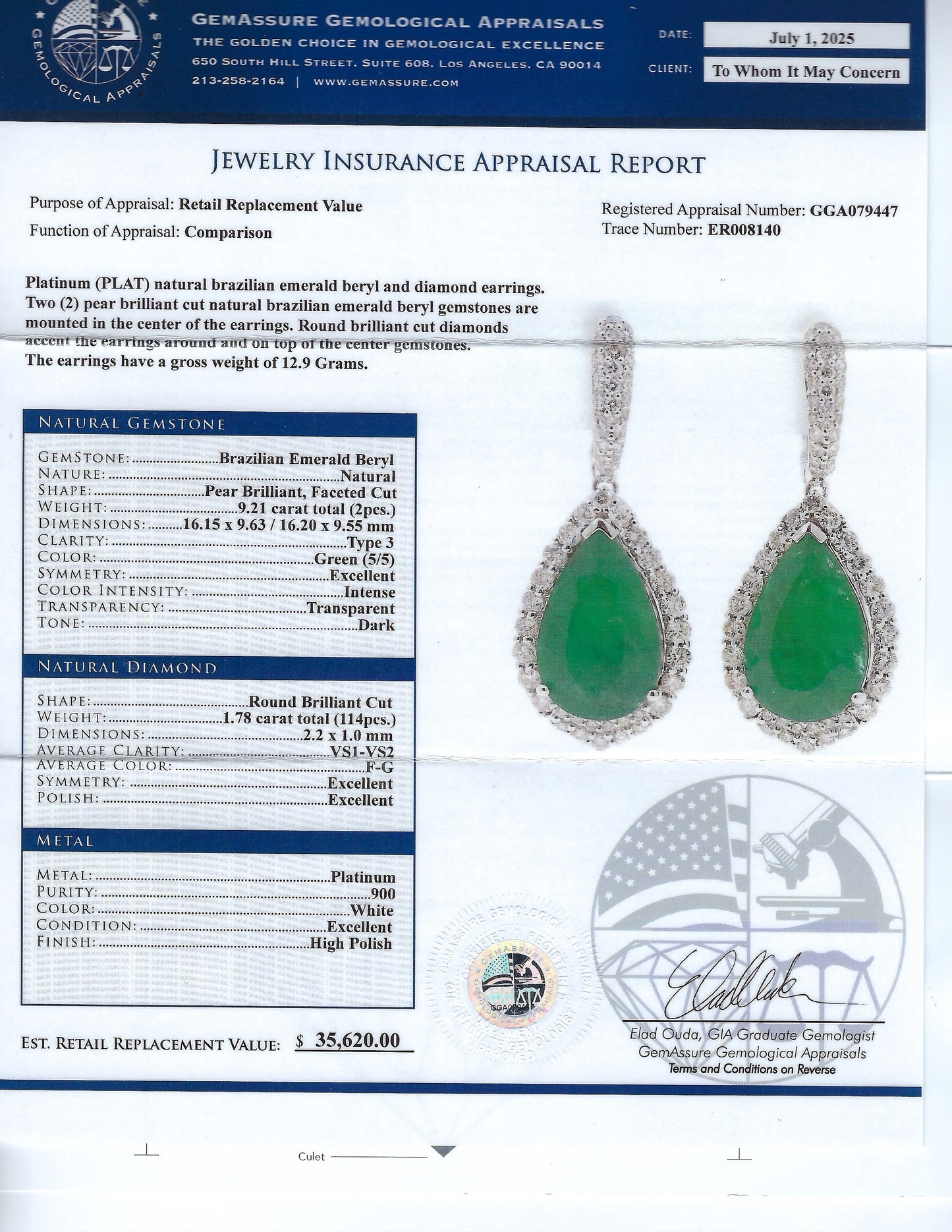 9.21ctw BRAZILIAN Emerald & 1.78ctw Diamond Platinum Dangle Earrings