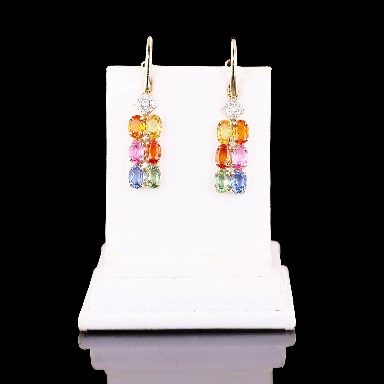 6.49ctw MultiColor Sapphire and 0.25ctw Diamond 14K Yellow Gold Earrings