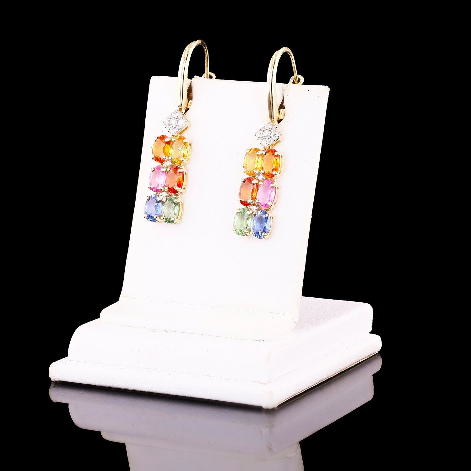 6.49ctw MultiColor Sapphire and 0.25ctw Diamond 14K Yellow Gold Earrings