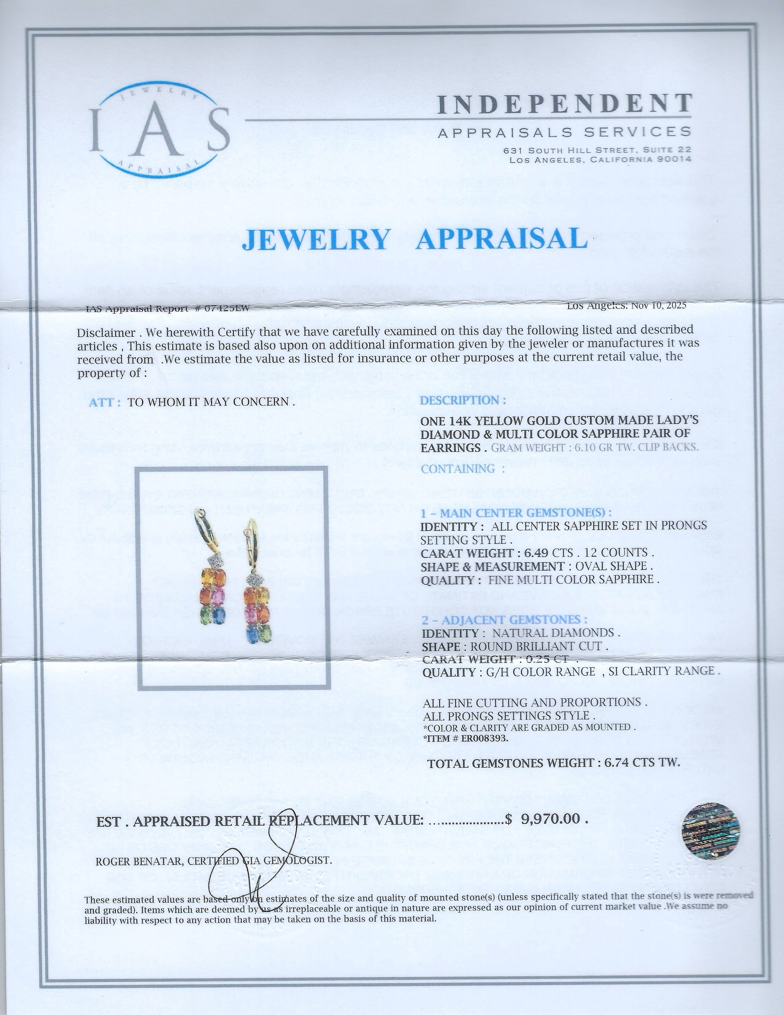 6.49ctw MultiColor Sapphire and 0.25ctw Diamond 14K Yellow Gold Earrings