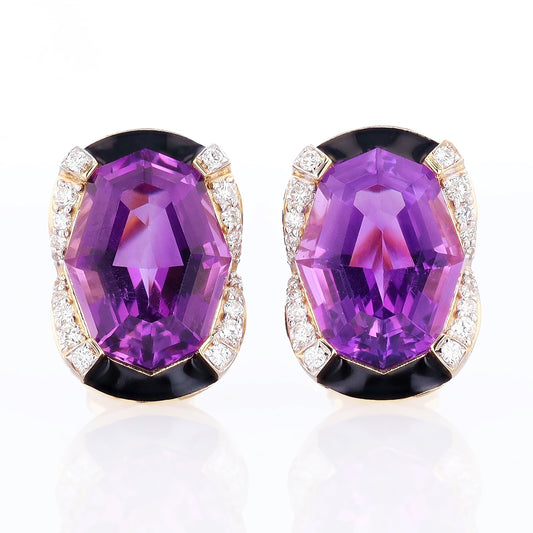 16.02ctw Amethyst and 0.53ctw Diamond 14K Yellow Gold Earrings with Black Enamel