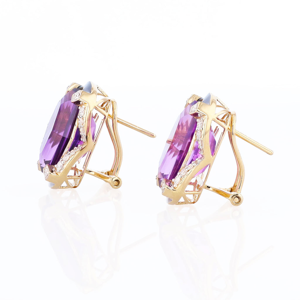 16.02ctw Amethyst and 0.53ctw Diamond 14K Yellow Gold Earrings with Black Enamel