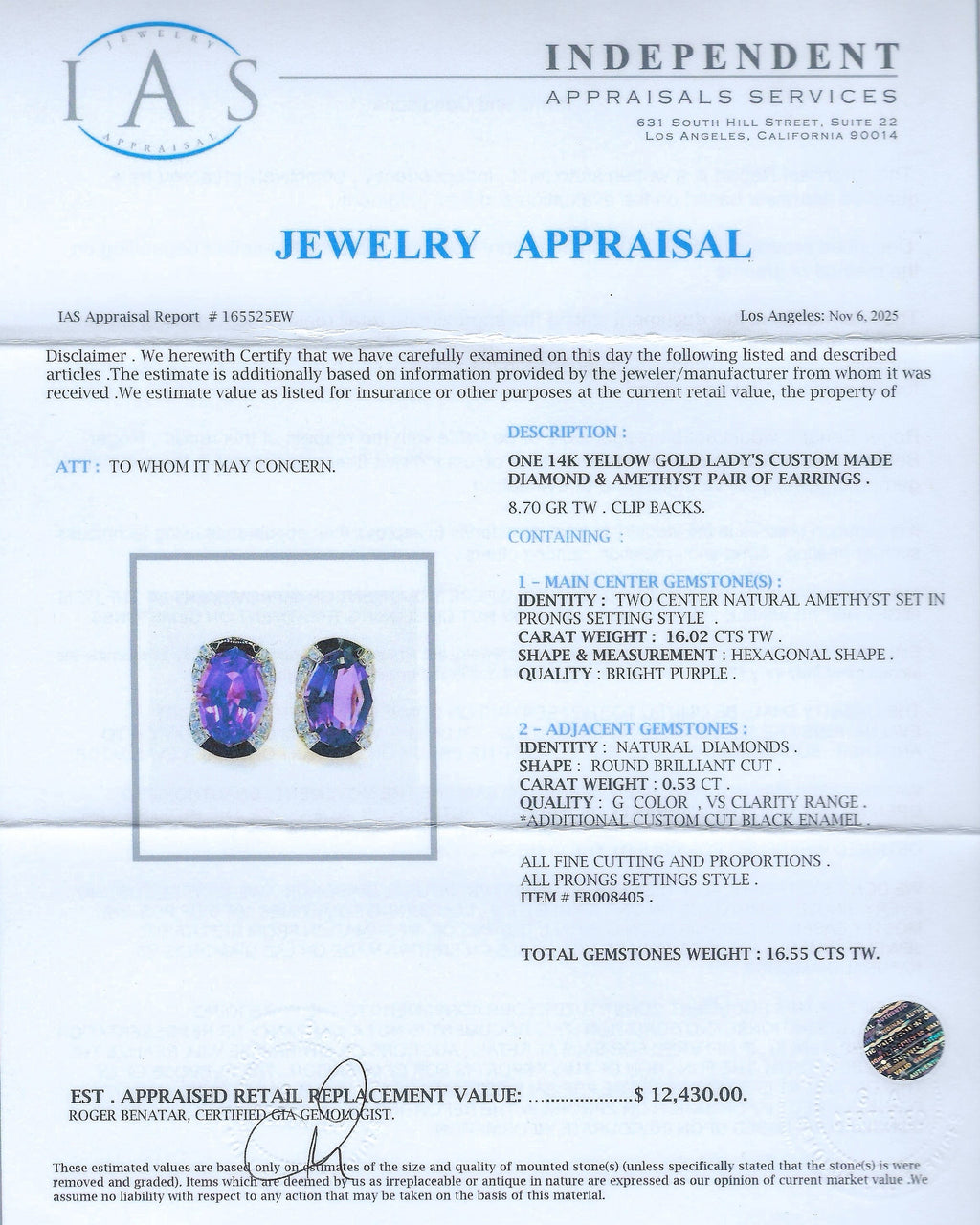 16.02ctw Amethyst and 0.53ctw Diamond 14K Yellow Gold Earrings with Black Enamel