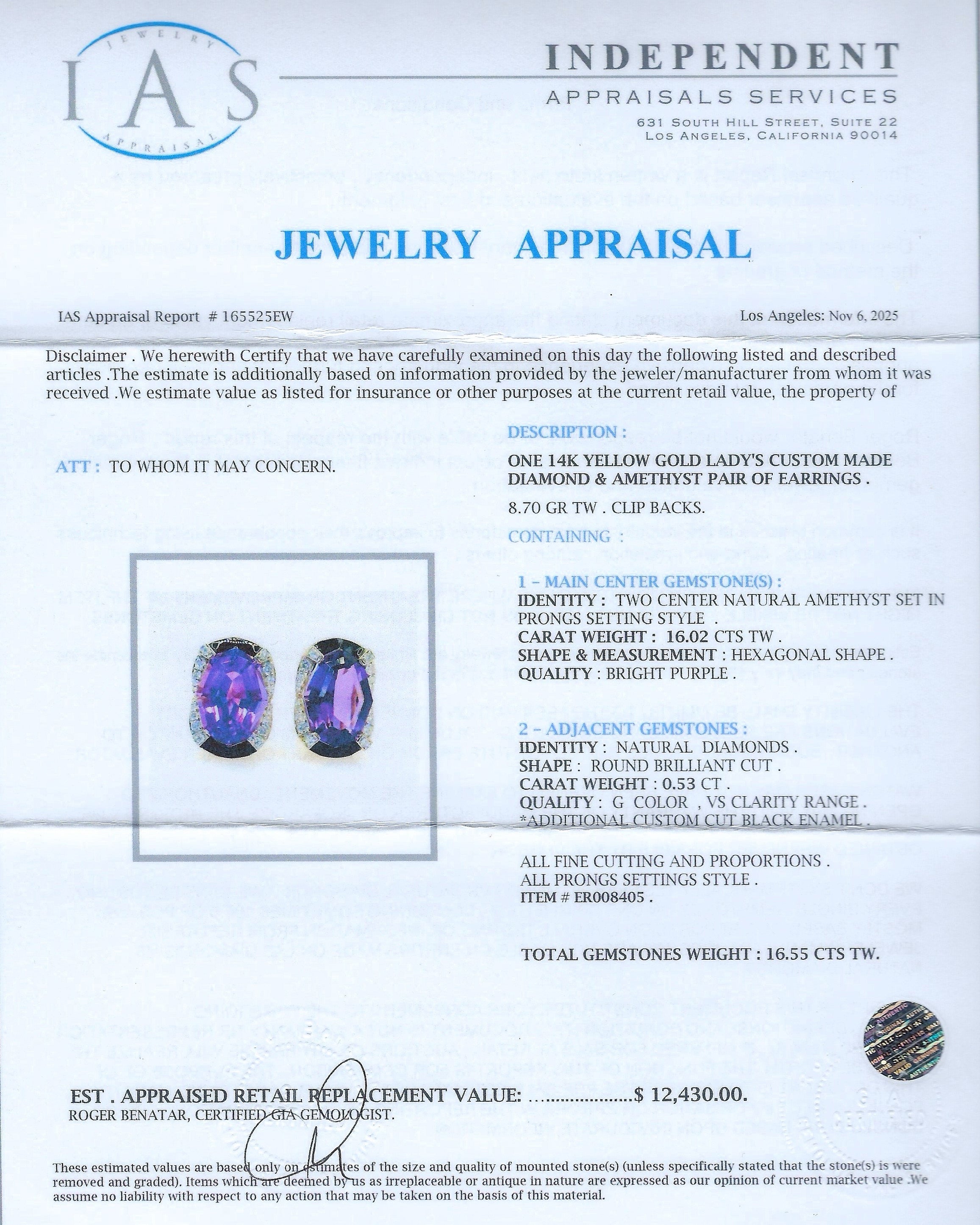 16.02ctw Amethyst and 0.53ctw Diamond 14K Yellow Gold Earrings with Black Enamel