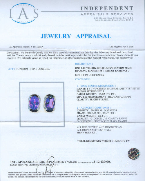 16.02ctw Amethyst and 0.53ctw Diamond 14K Yellow Gold Earrings with Black Enamel