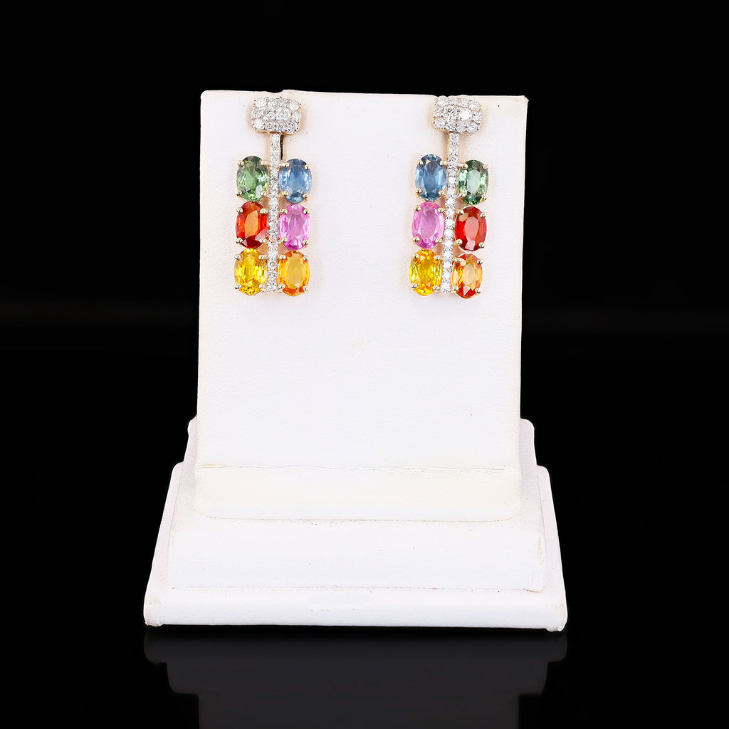 6.11ctw MultiColor Sapphire and 0.55ctw Diamond 14K Yellow Gold Earrings