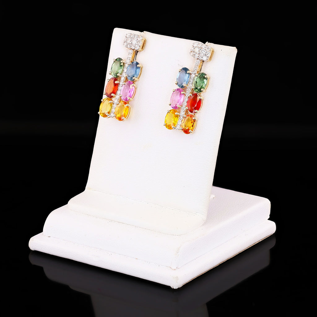6.11ctw MultiColor Sapphire and 0.55ctw Diamond 14K Yellow Gold Earrings