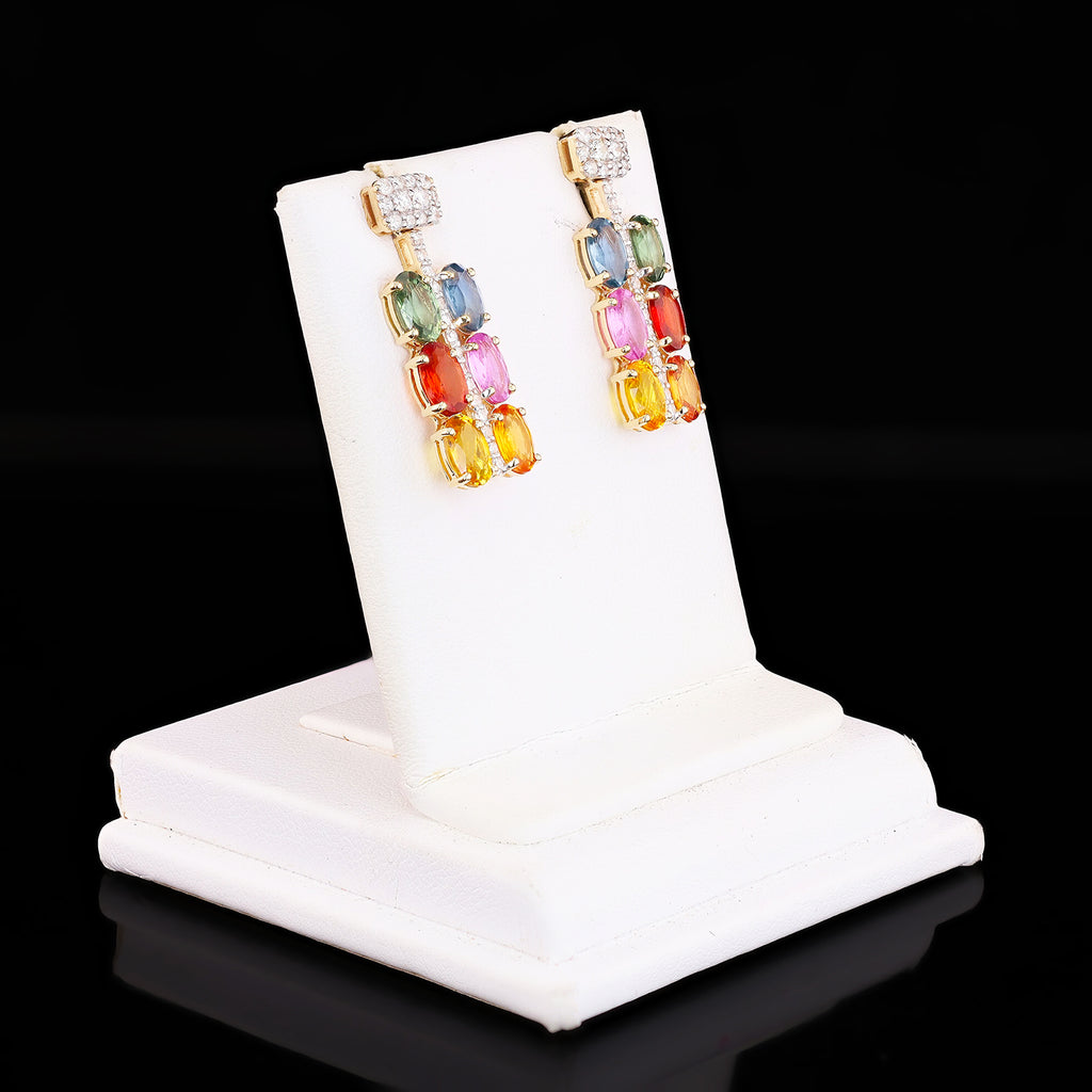 6.11ctw MultiColor Sapphire and 0.55ctw Diamond 14K Yellow Gold Earrings