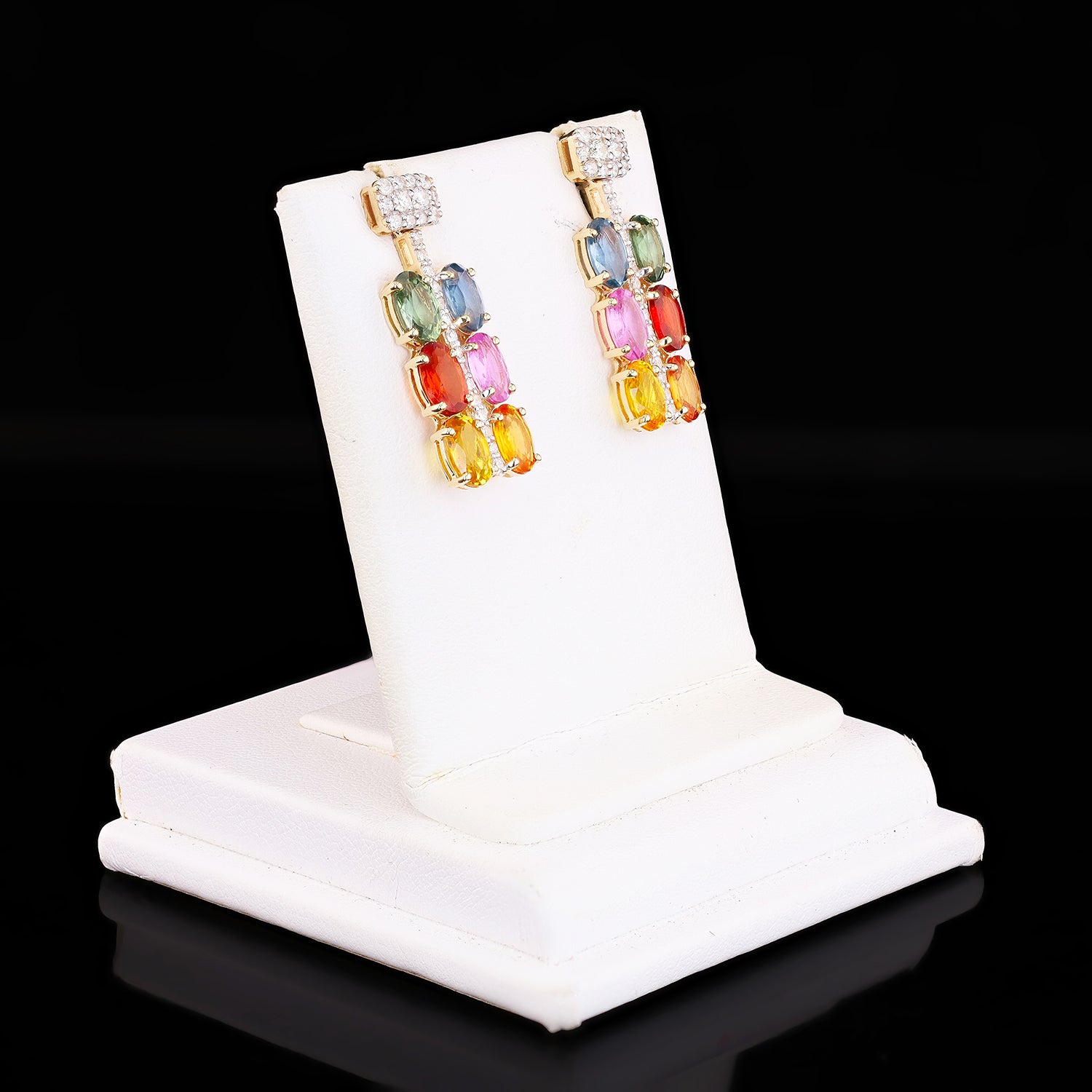 6.11ctw MultiColor Sapphire and 0.55ctw Diamond 14K Yellow Gold Earrings