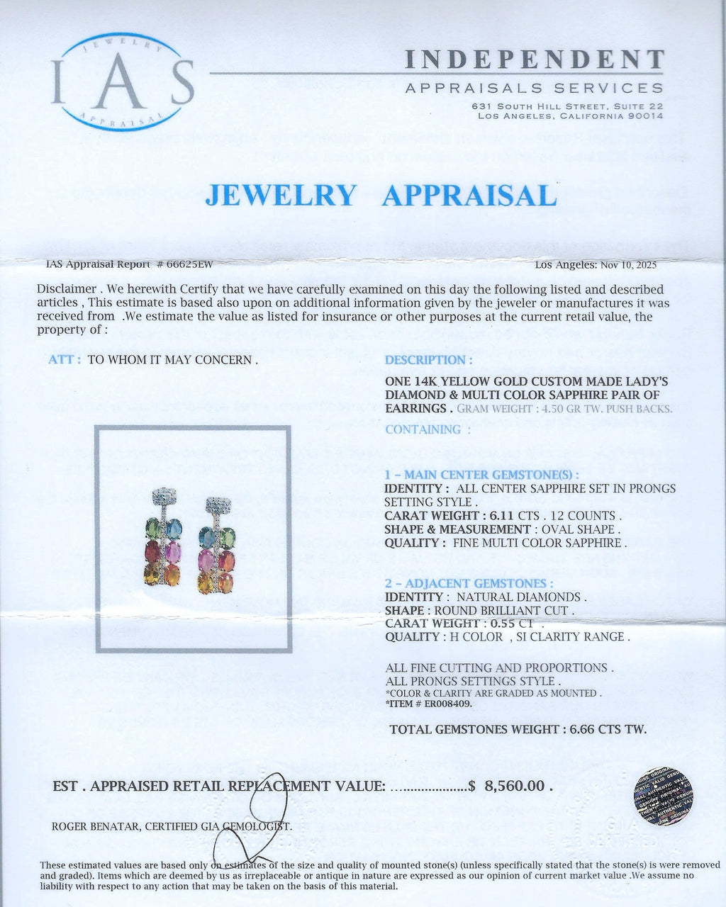 6.11ctw MultiColor Sapphire and 0.55ctw Diamond 14K Yellow Gold Earrings