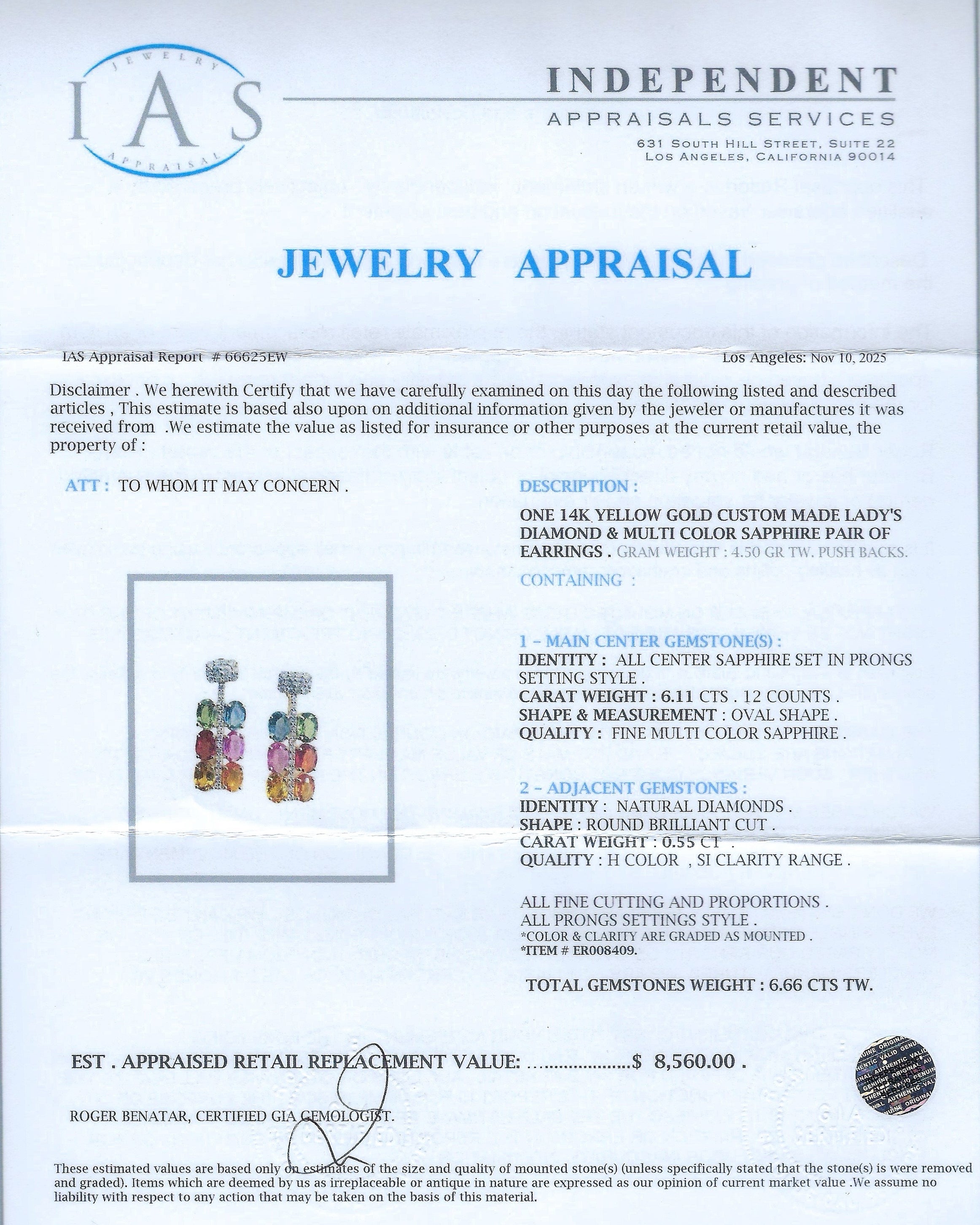 6.11ctw MultiColor Sapphire and 0.55ctw Diamond 14K Yellow Gold Earrings