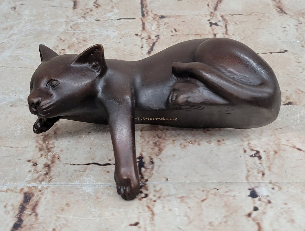Lazy Cat Bronze Statue Ð Minimalist Sleeping Kitty Figurine Decor Signed Nardini