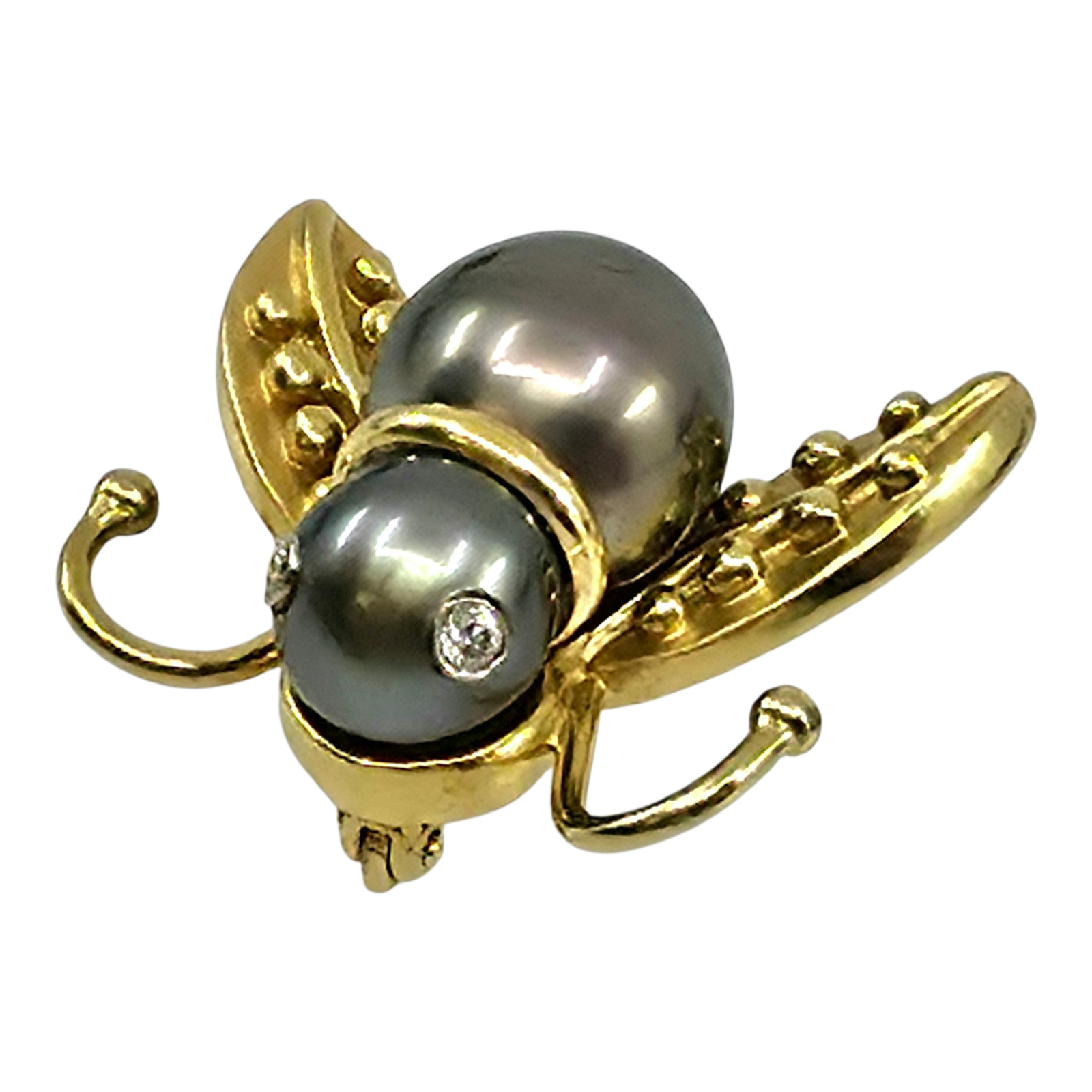Vintage MB 14k yellow gold Bee south see pearls diamond brooch pin 7/8" x 1"