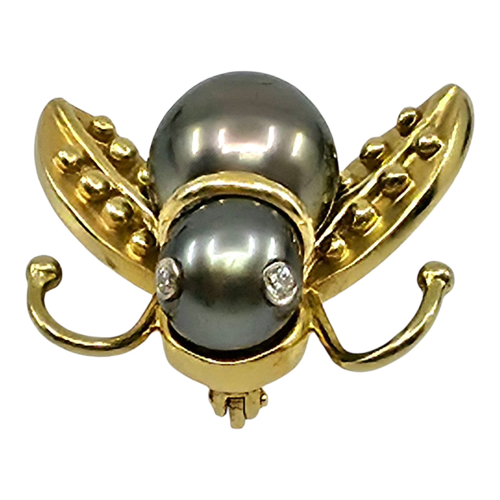 Vintage MB 14k yellow gold Bee south see pearls diamond brooch pin 7/8" x 1"