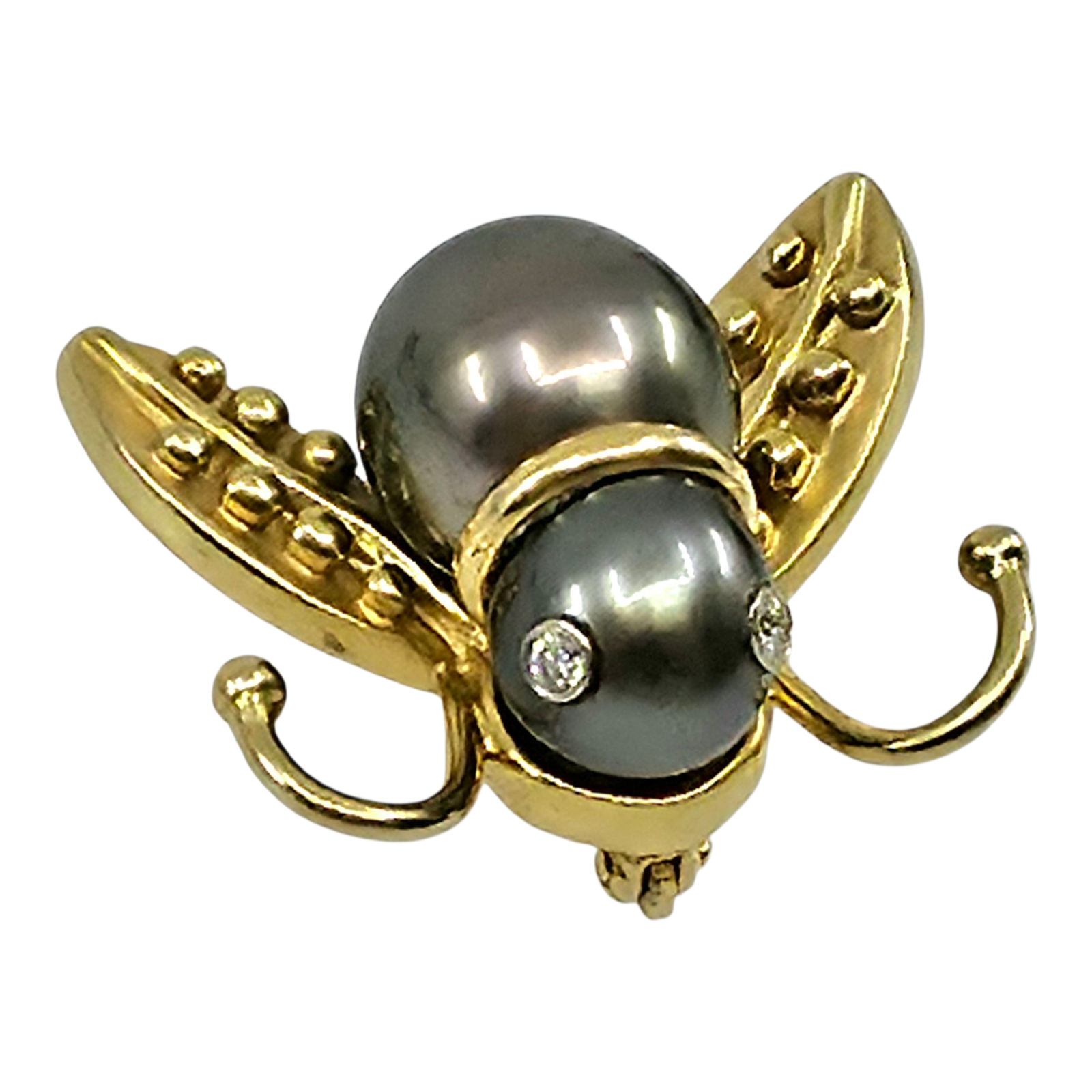 Vintage MB 14k yellow gold Bee south see pearls diamond brooch pin 7/8" x 1"
