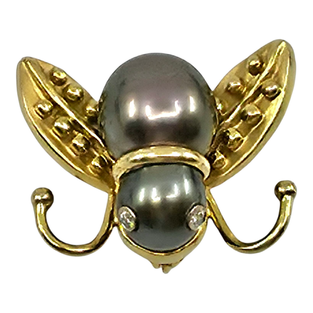 Vintage MB 14k yellow gold Bee south see pearls diamond brooch pin 7/8" x 1"