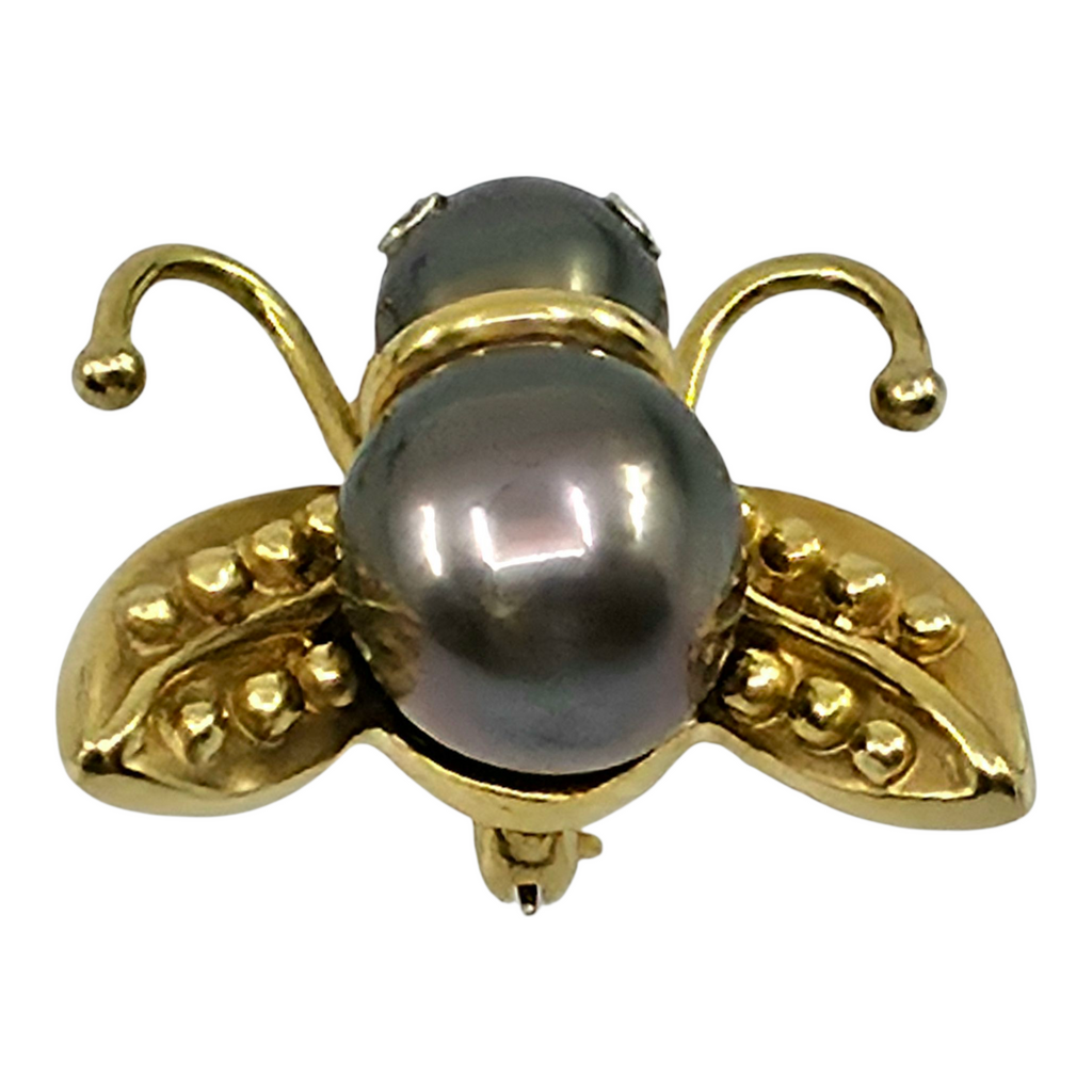 Vintage MB 14k yellow gold Bee south see pearls diamond brooch pin 7/8" x 1"