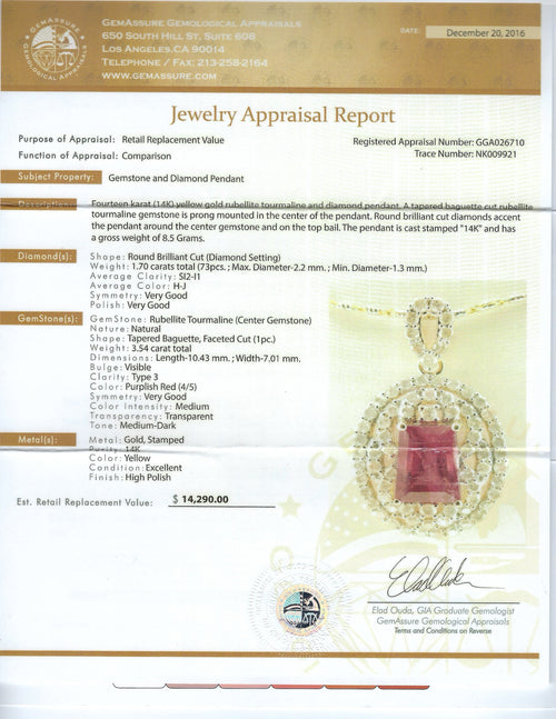 3.54ct Rubellite and 1.70ctw Diamond 14K Yellow Gold Pendant
